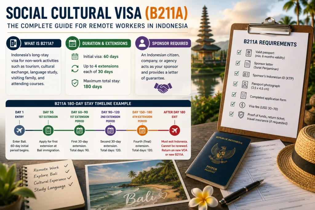 Indonesia Social Visa remote workers guide to the Social Cultural Visa B211A, including sponsorship, stay duration, extensions, costs, and application requirements