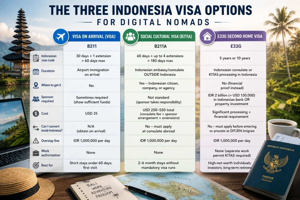 Indonesia Social Visa remote workers comparison of VOA, B211A Social Cultural Visa, and E33G Second Home Visa for digital nomads