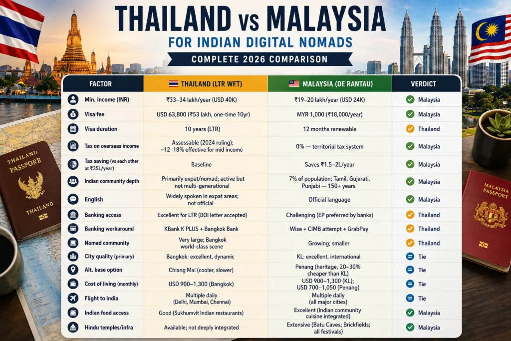 Master comparison of Thailand vs Malaysia Indian nomads covering visas, taxes, banking, cost of living, Indian communities, and the best destination for 2026