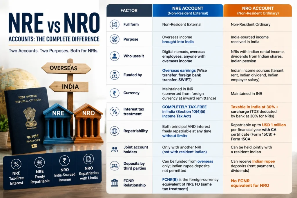 NRE vs NRO account Indian digital nomads comparison showing key differences in income, taxation, repatriation and account usage