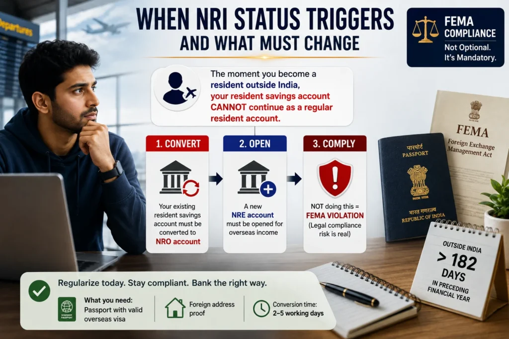 NRE vs NRO account Indian digital nomads guide showing when NRI status triggers and required banking changes under FEMA