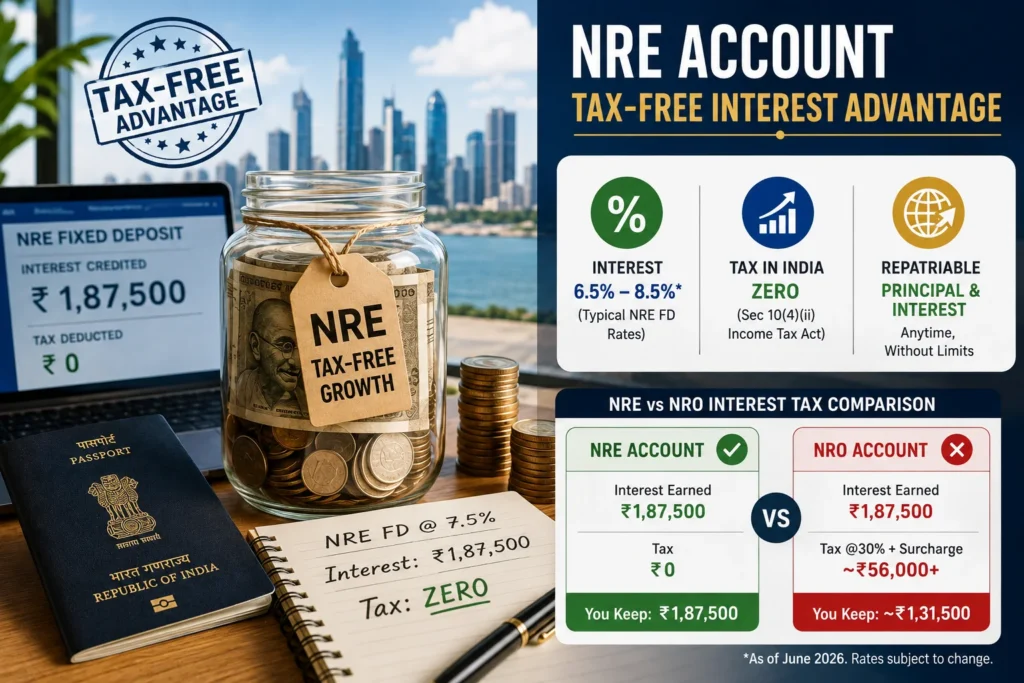 NRE vs NRO account Indian digital nomads comparison highlighting the NRE account tax-free interest advantage