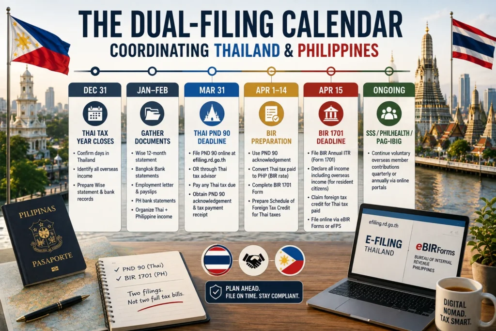 Timeline showing the Philippines Thailand tax treaty digital nomads dual-filing calendar, including Thailand tax deadlines, BIR filing dates, and treaty coordination.