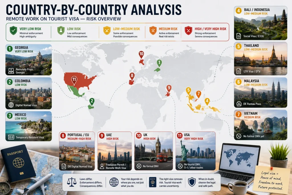 Country-by-country analysis of remote work tourist visa lowest risk countries, comparing immigration rules, enforcement practices, legal ambiguity, and visa options.