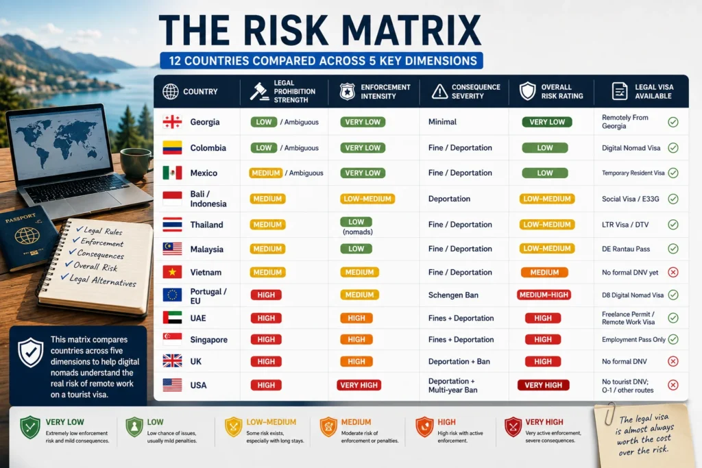 Risk matrix comparing 12 countries for remote work tourist visa lowest risk countries based on enforcement, legal ambiguity, detection likelihood, and potential consequences.