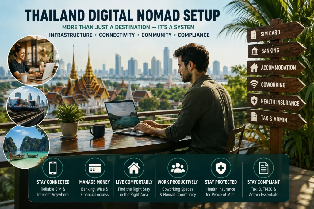Thailand digital nomad setup guide showing the essential infrastructure needed to establish a remote work base in Thailand