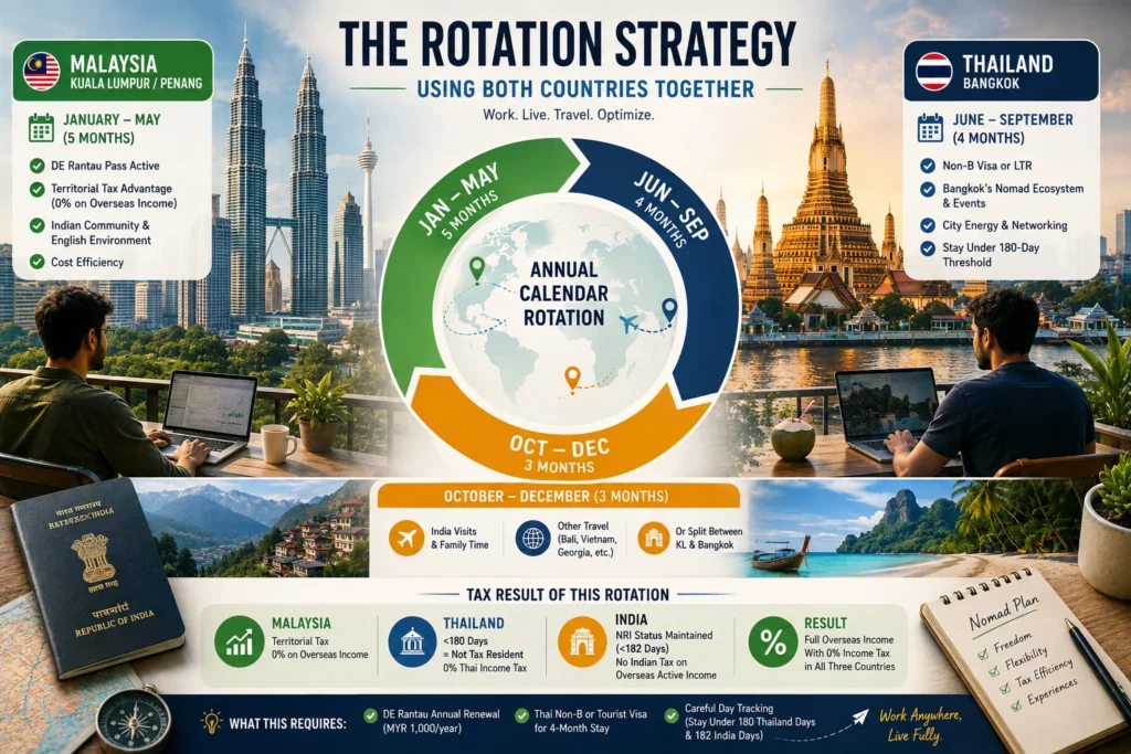 Thailand vs Malaysia Indian nomads rotation strategy showing how Indian remote workers split time between Malaysia and Thailand for tax efficiency, visas, and lifestyle