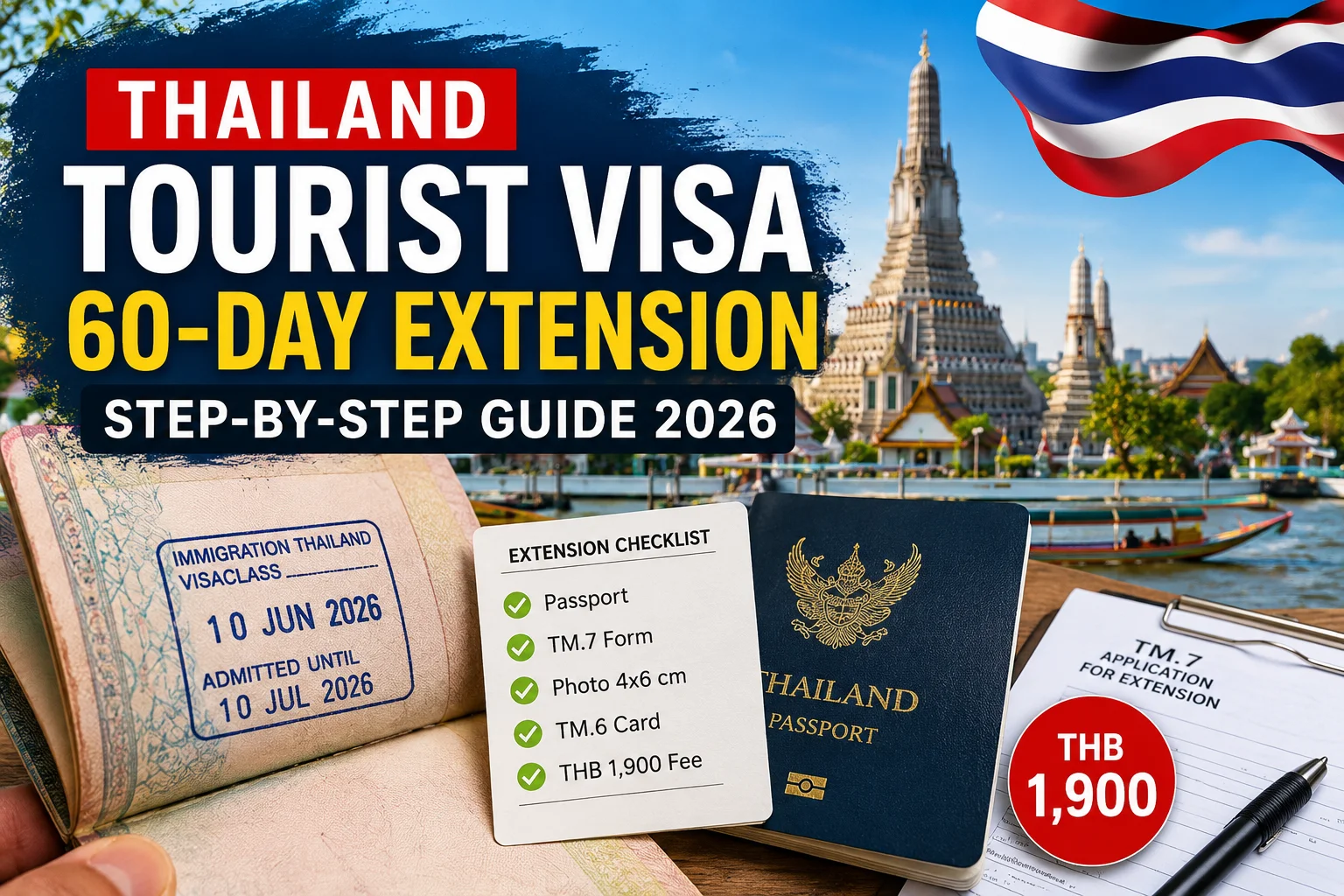 Thailand tourist visa 60-day extension process showing passport, TM.7 form, immigration office, required documents, and THB 1,900 extension fee in Thailand