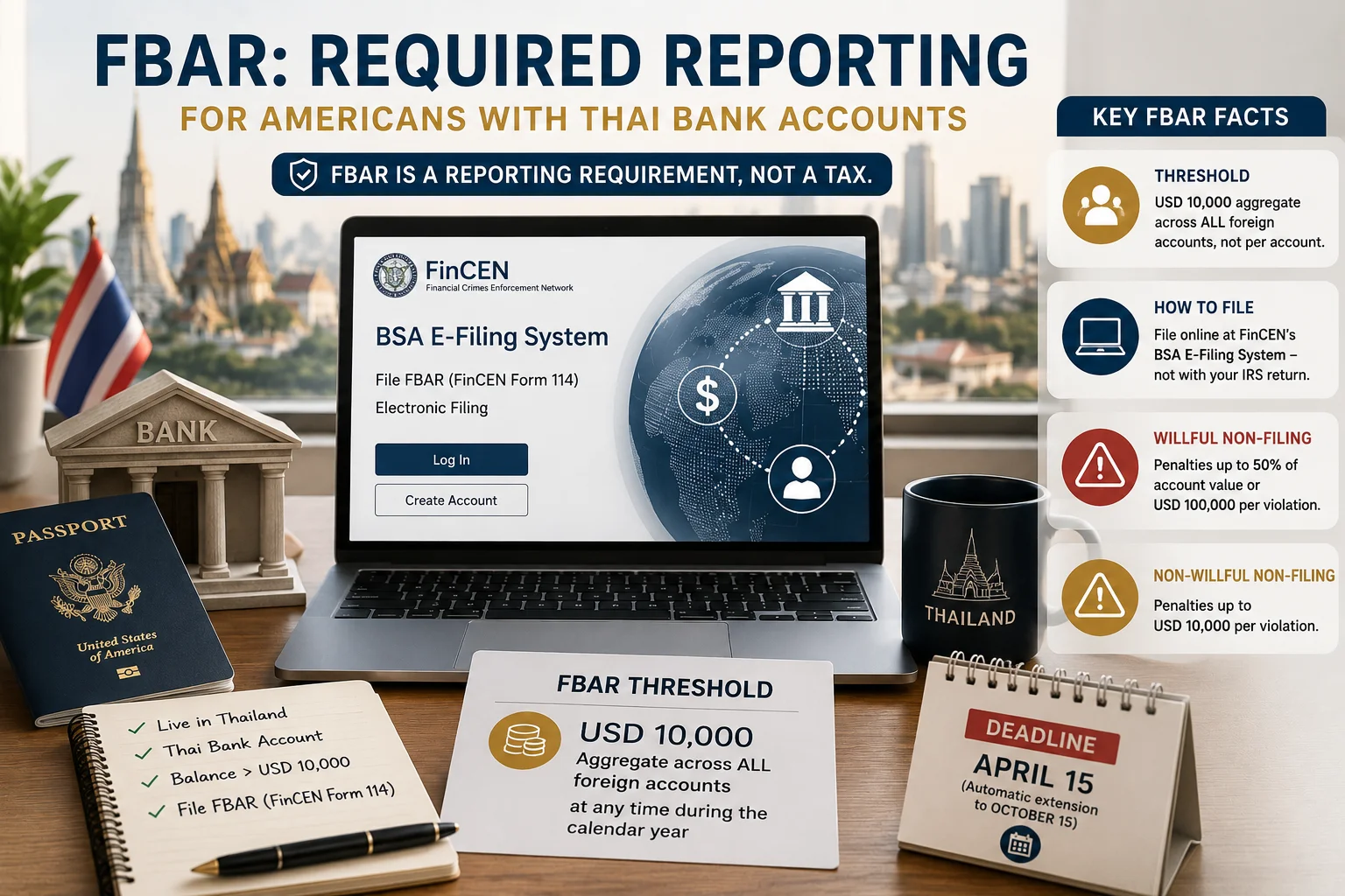 American citizen in Thailand reviewing FBAR reporting requirements for Thai bank accounts under the Thailand LTR Visa, including the USD 10,000 threshold and compliance obligations.