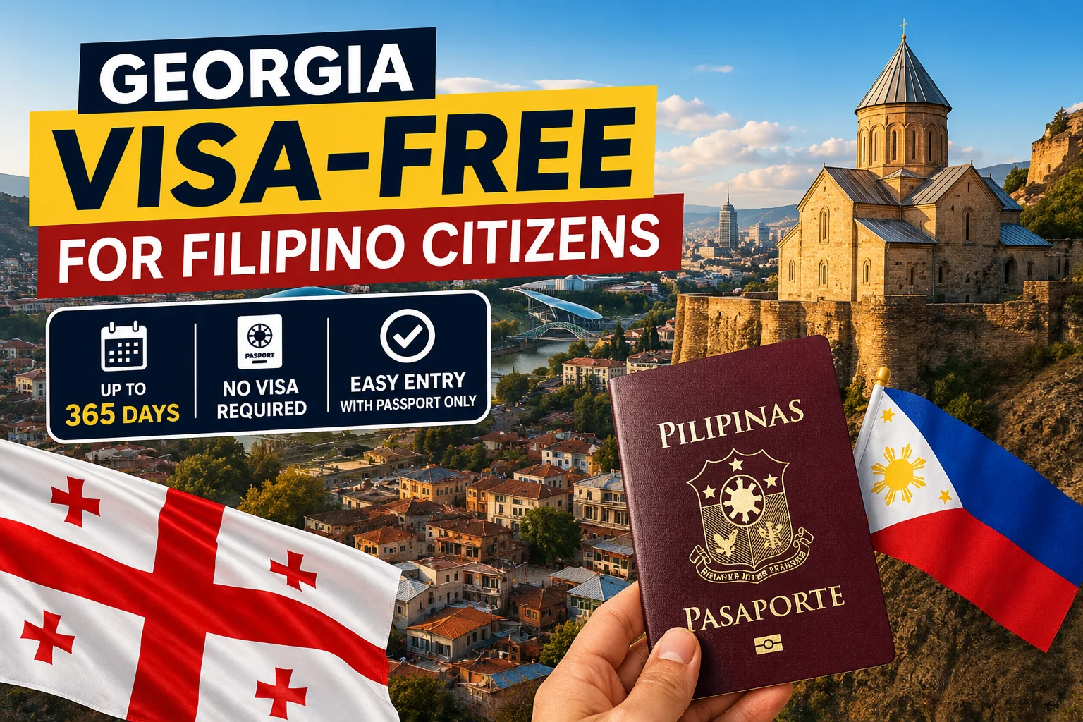 Georgia Visa-Free Filipino Citizens guide showing a Philippine passport, Tbilisi cityscape, and 365-day visa-free stay opportunity in Georgia