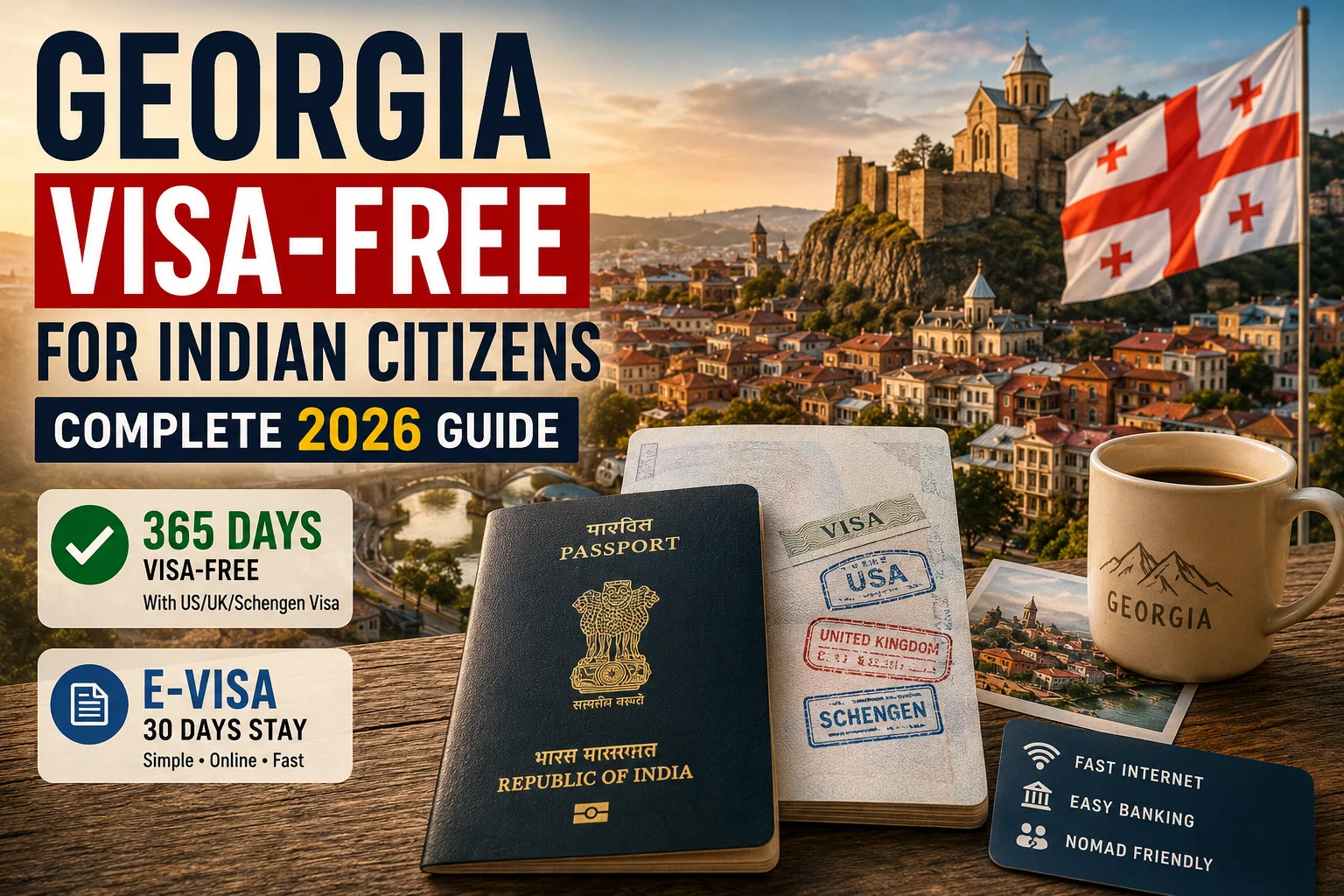 Georgia Visa-Free Indian Citizens guide showing entry options, visa-free eligibility, e-visa requirements, and travel access to Georgia in 2026.