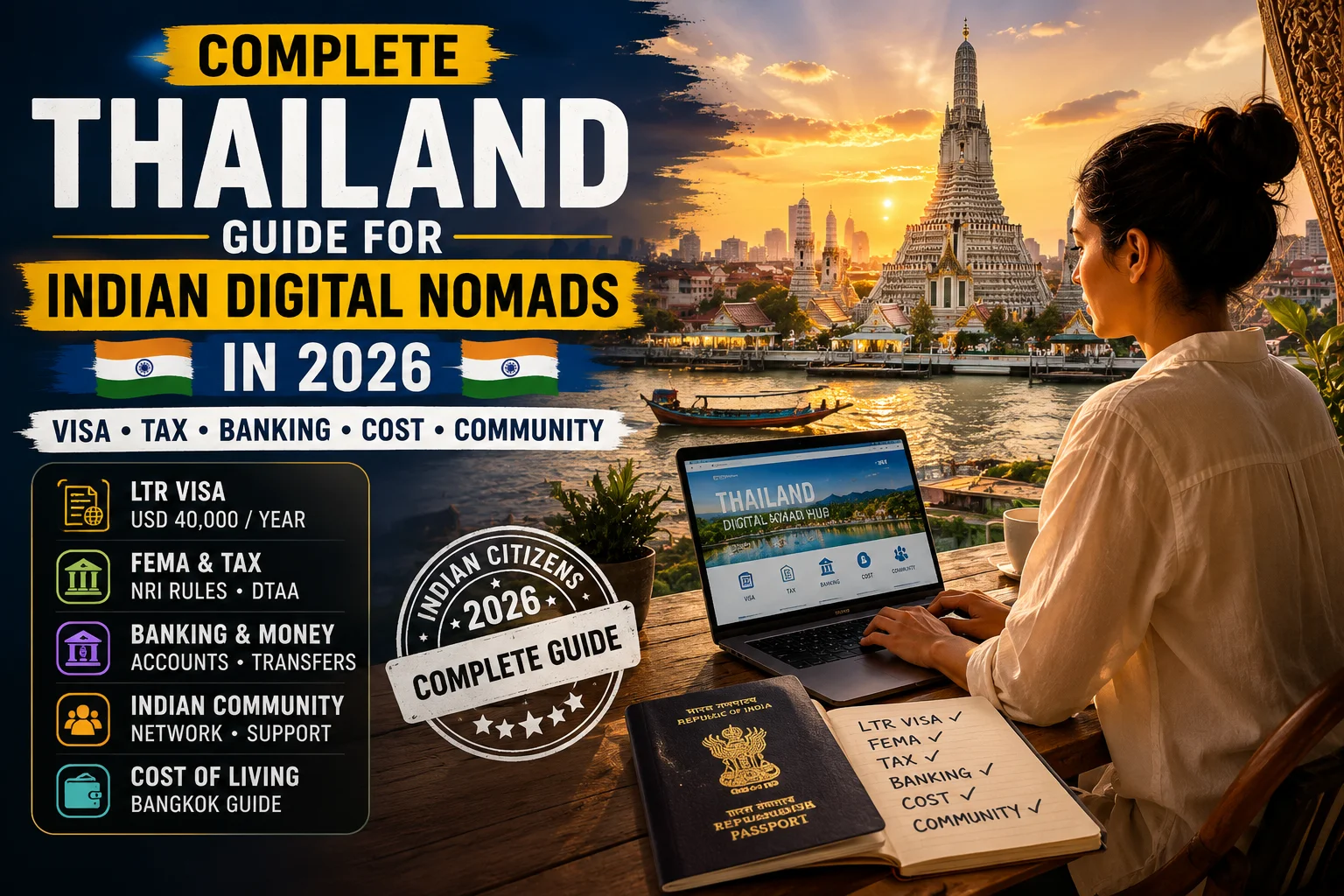 India to Thailand digital nomad guide showing remote work, Thailand LTR Visa pathway, Bangkok lifestyle, banking, and relocation planning for Indian professionals in 2026
