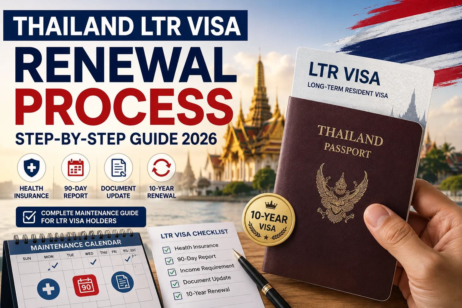 LTR Visa Renewal Process guide showing Thailand LTR Visa maintenance requirements, passport transfer, health insurance renewal, 90-day reporting, and 10-year renewal steps.