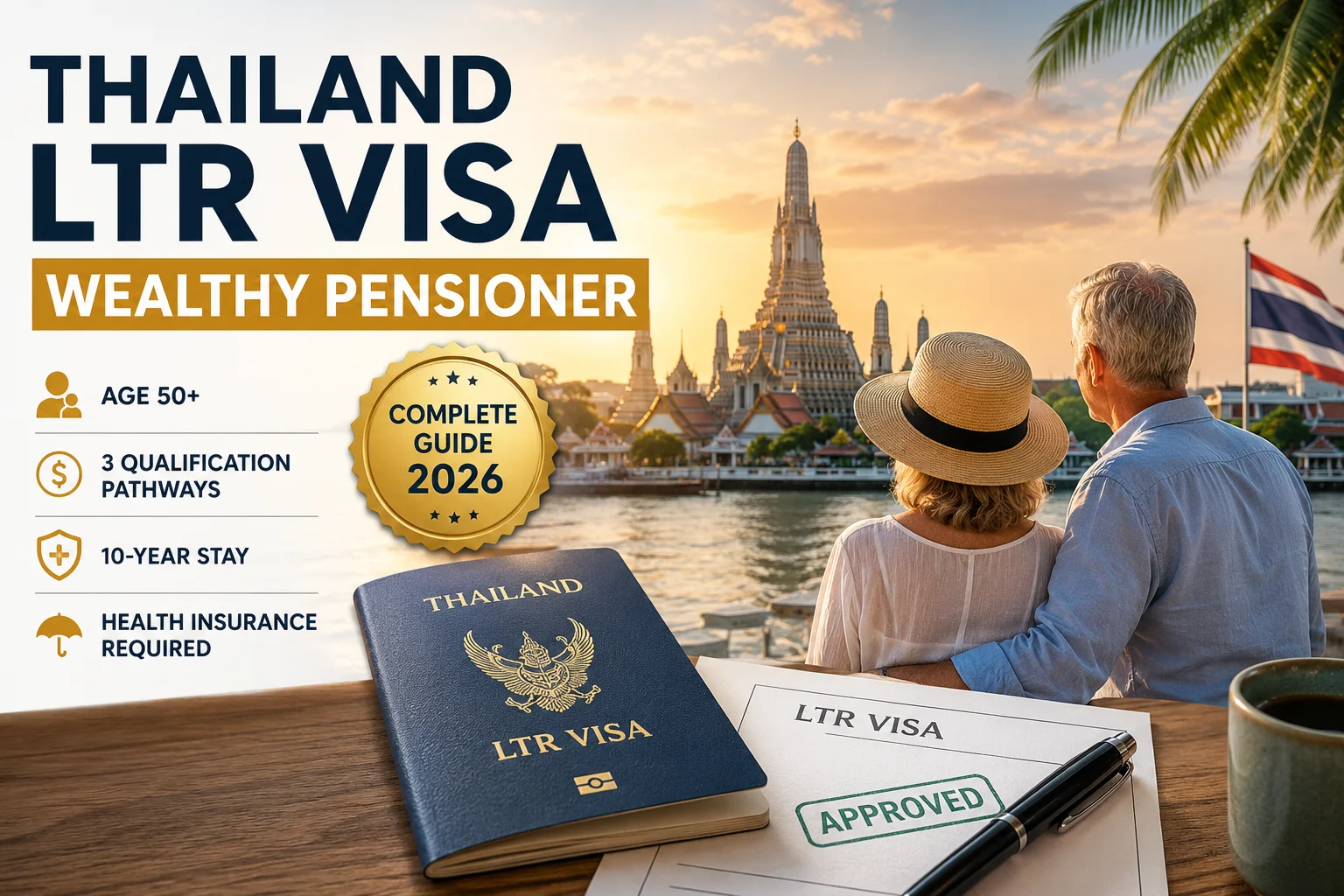 LTR Visa Wealthy Pensioner Category guide showing Thailand retirement visa eligibility pathways, income requirements, and long-term residency benefits for retirees