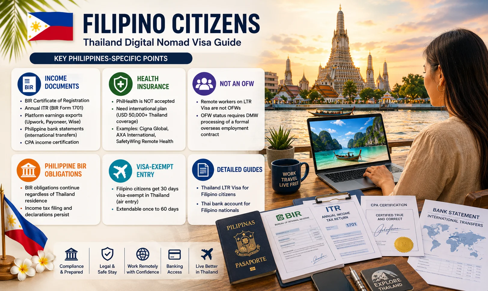Filipino remote worker reviewing Thailand Digital Nomad Visa requirements, including LTR Visa income documentation, health insurance, and tax obligations