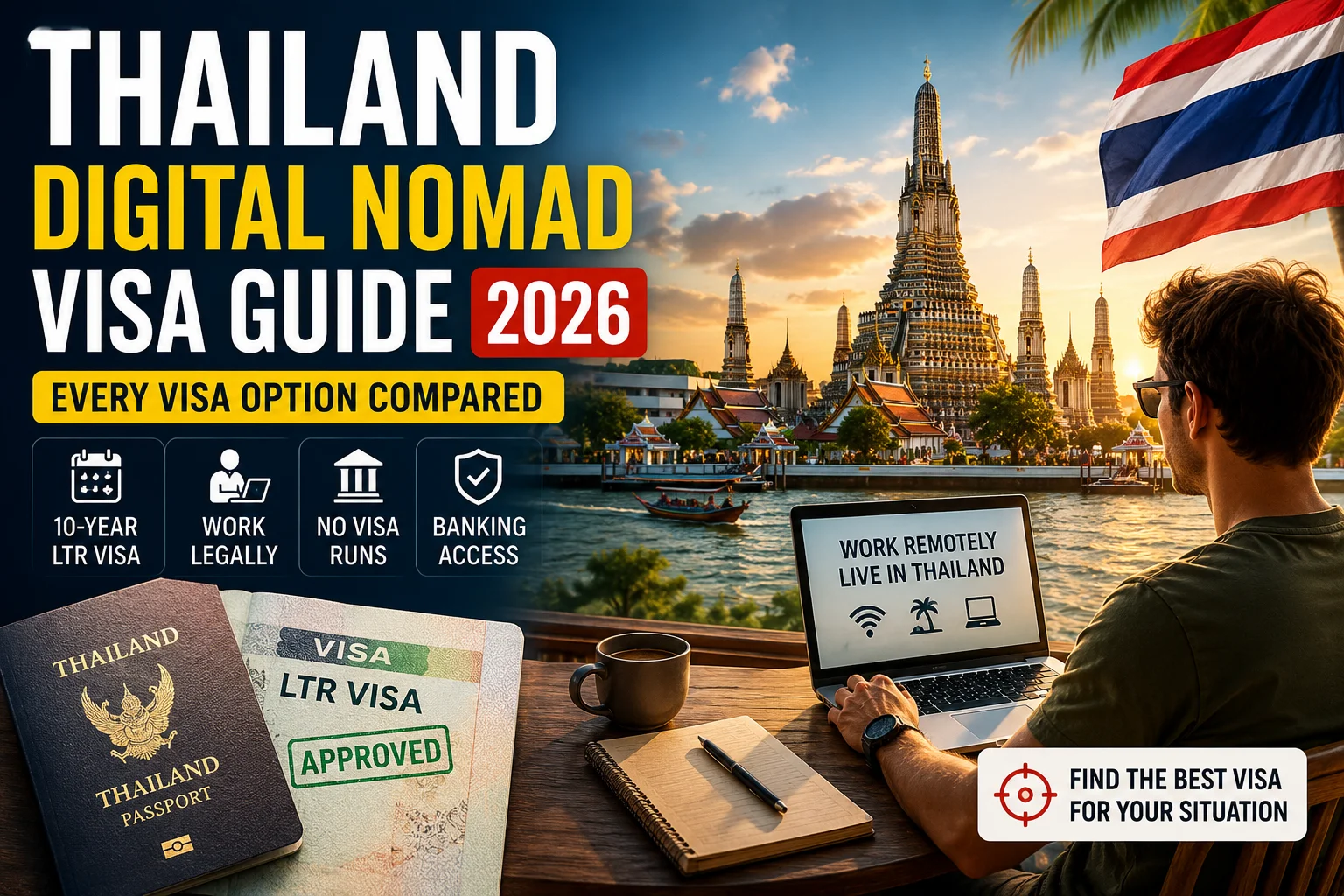 Thailand Digital Nomad Visa guide comparing LTR Visa, SMART Visa, Elite Card, tourist visa, and remote work options in Thailand for 2026