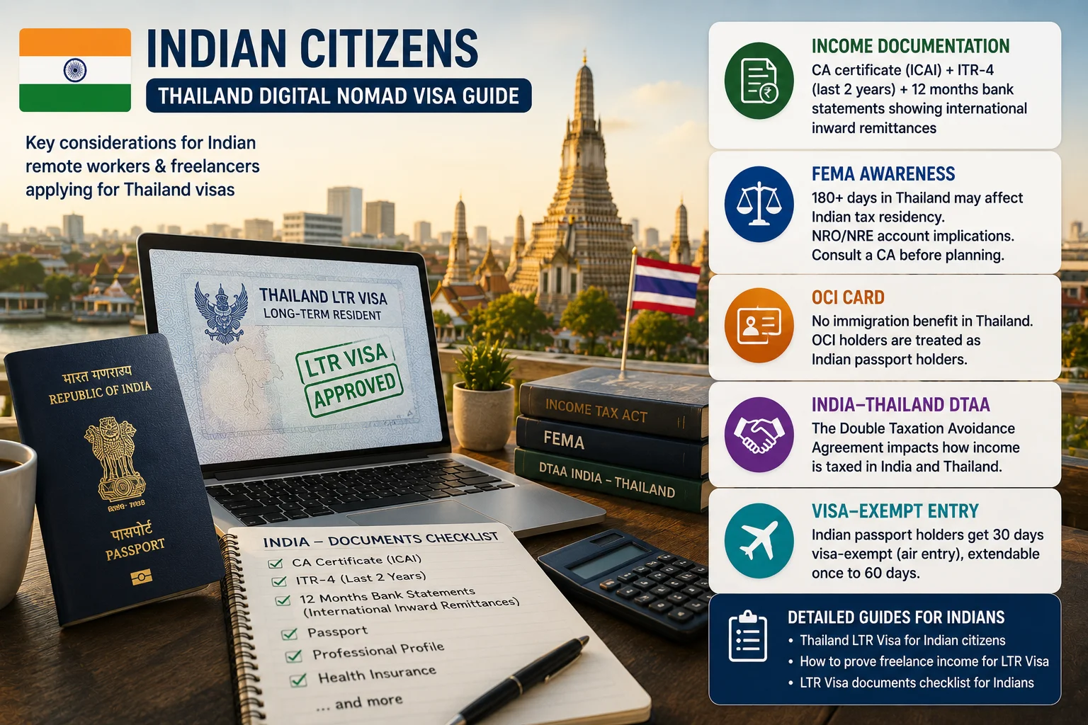 Indian professional reviewing Thailand Digital Nomad Visa requirements, including LTR Visa income documentation, tax considerations, and eligibility criteria