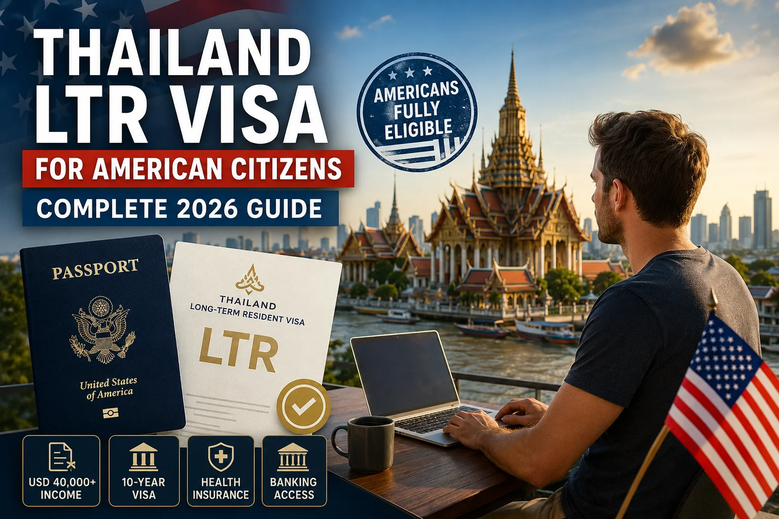 Thailand LTR Visa American Citizens guide showing a US remote worker in Thailand reviewing eligibility, IRS documents, tax requirements, and long-term residency options.