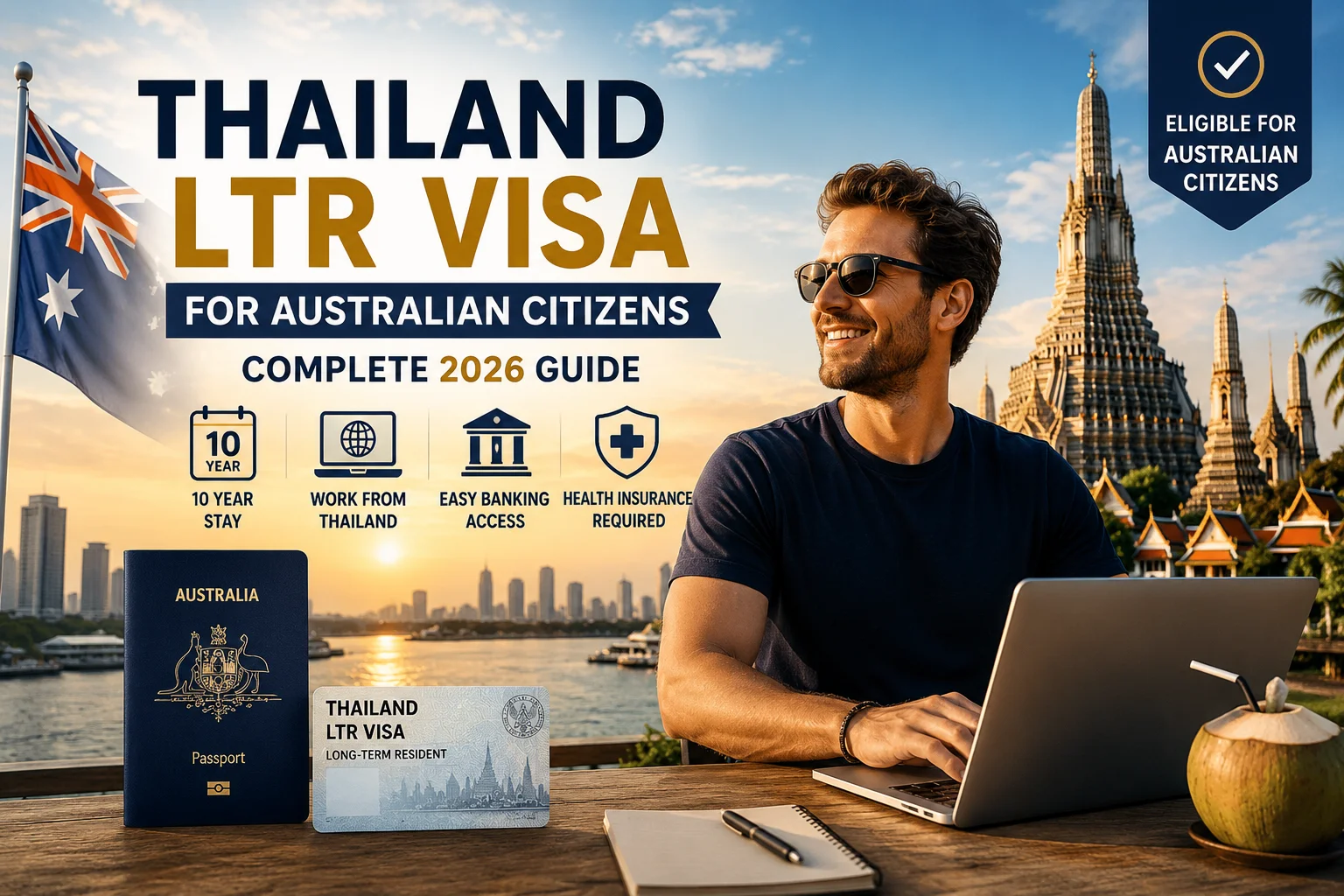 Thailand LTR Visa Australian Citizens guide showing an Australian professional planning long-term residence in Thailand with visa documents, remote work setup, and Bangkok skyline.