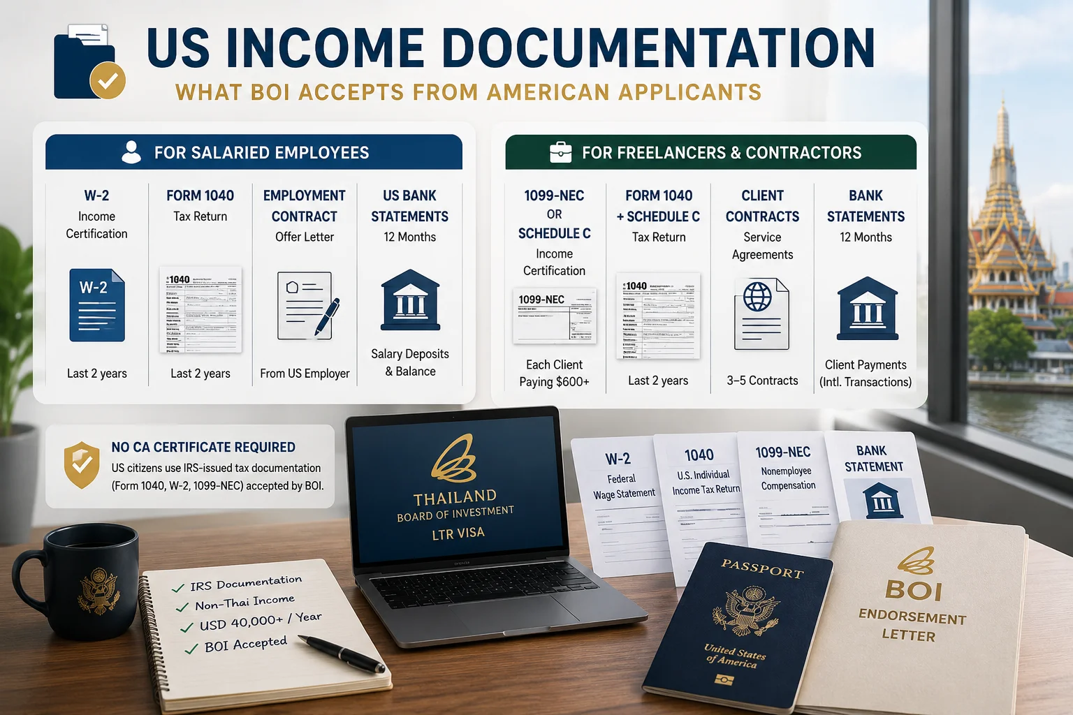 American applicant preparing IRS Form 1040, W-2, 1099-NEC, Schedule C, and bank statements for a Thailand LTR Visa application through BOI.
