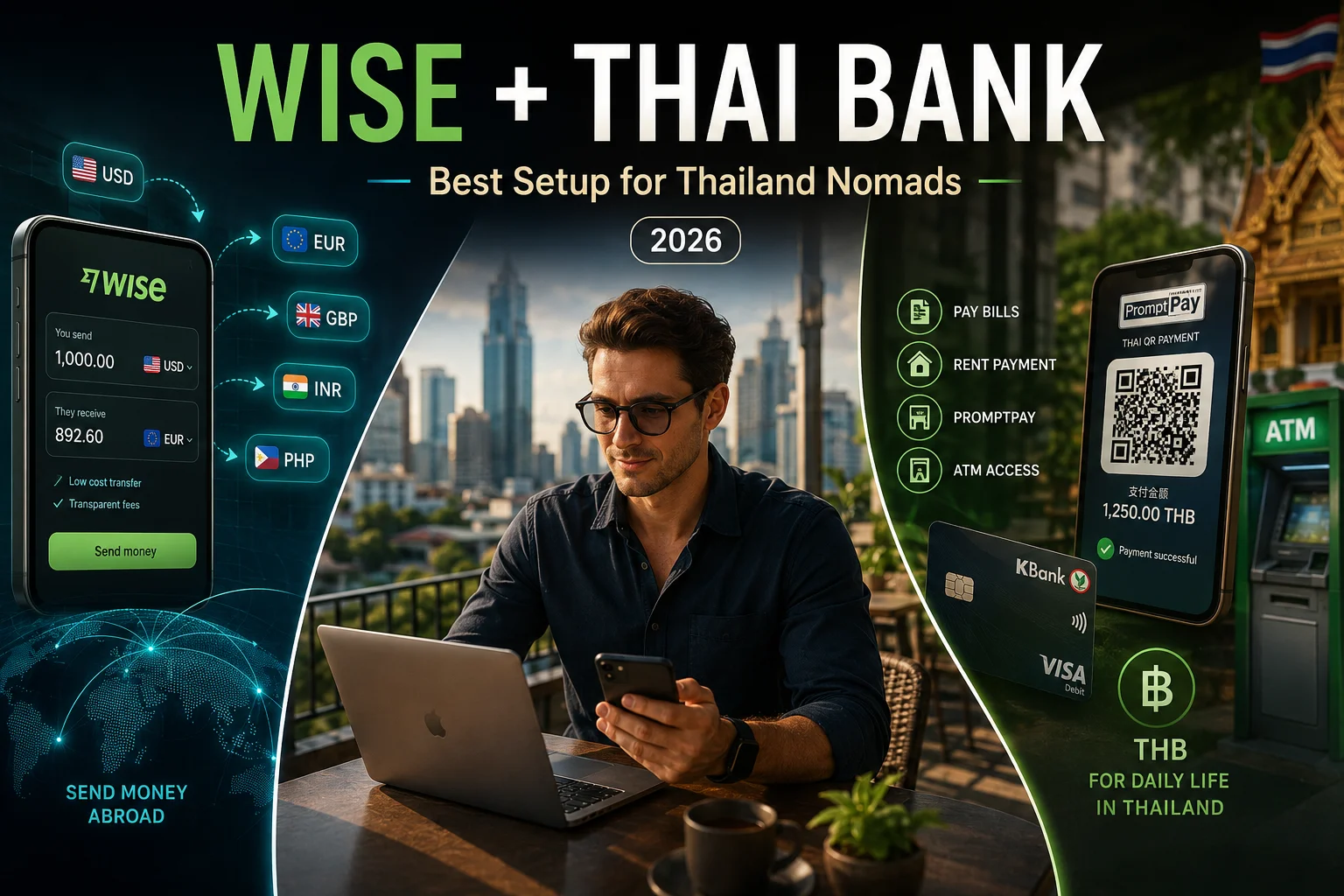 Wise vs Thai local bank comparison showing Wise alongside KBank and Bangkok Bank for digital nomads, highlighting international transfers, PromptPay, fees, and everyday banking in Thailand.