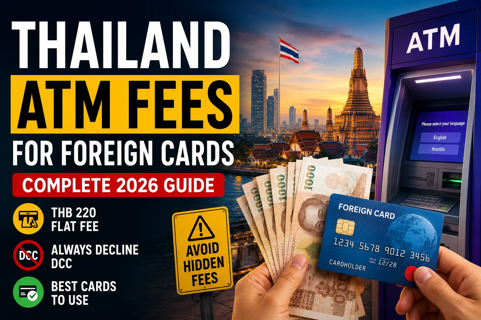 ATM fees foreign cards Thailand showing a Thai bank ATM, THB 220 withdrawal fee, Dynamic Currency Conversion (DCC), and foreign card fee comparison for 2026.