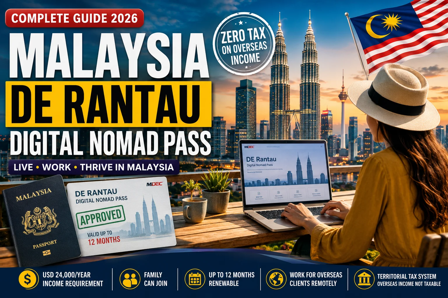 DE Rantau Digital Nomad Pass Malaysia guide showing a remote professional working in Kuala Lumpur with key application, visa, and digital nomad concepts