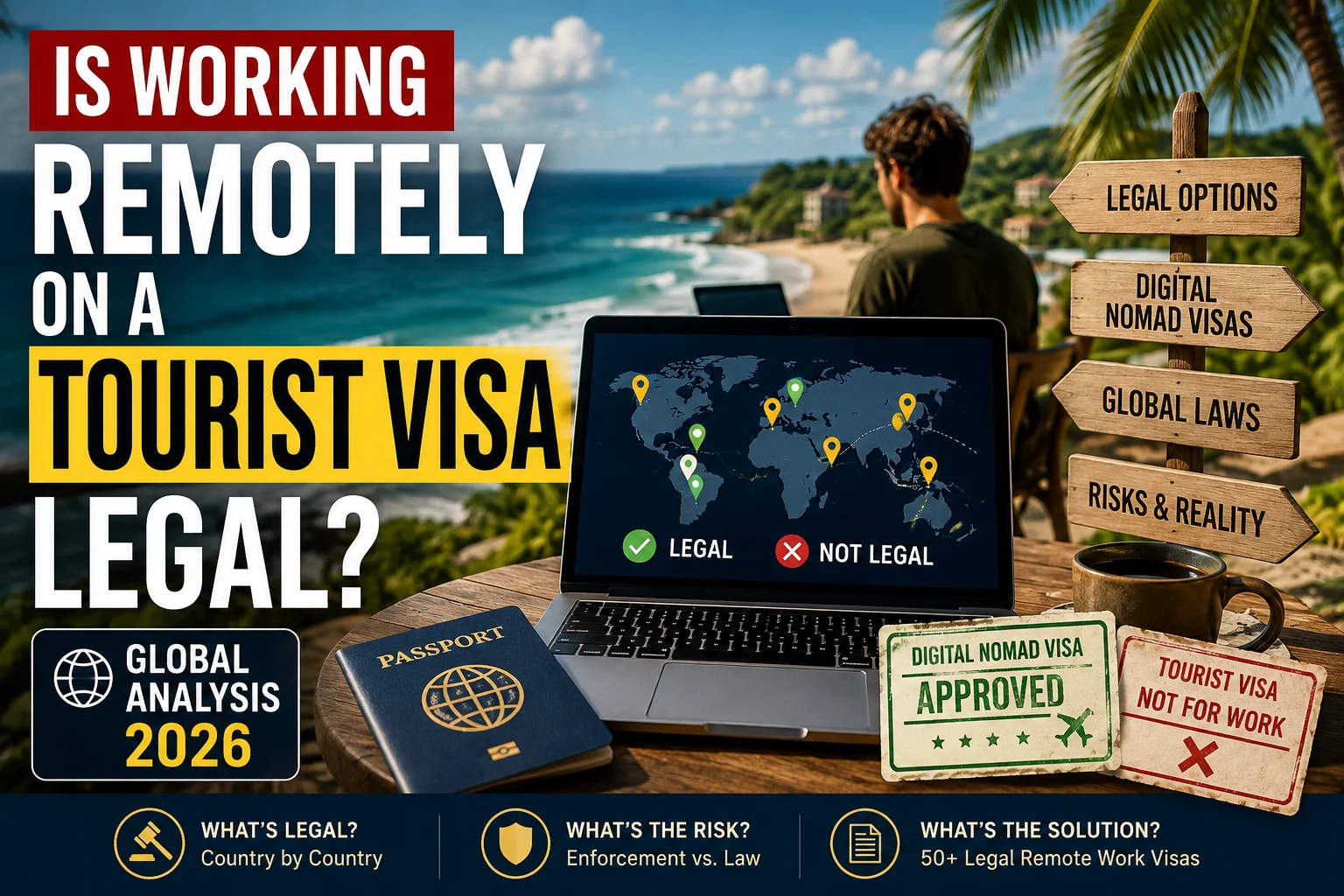Illustration explaining is working remotely on tourist visa legal with a comparison of tourist visas, remote work rules, and digital nomad visa alternatives across different countries.