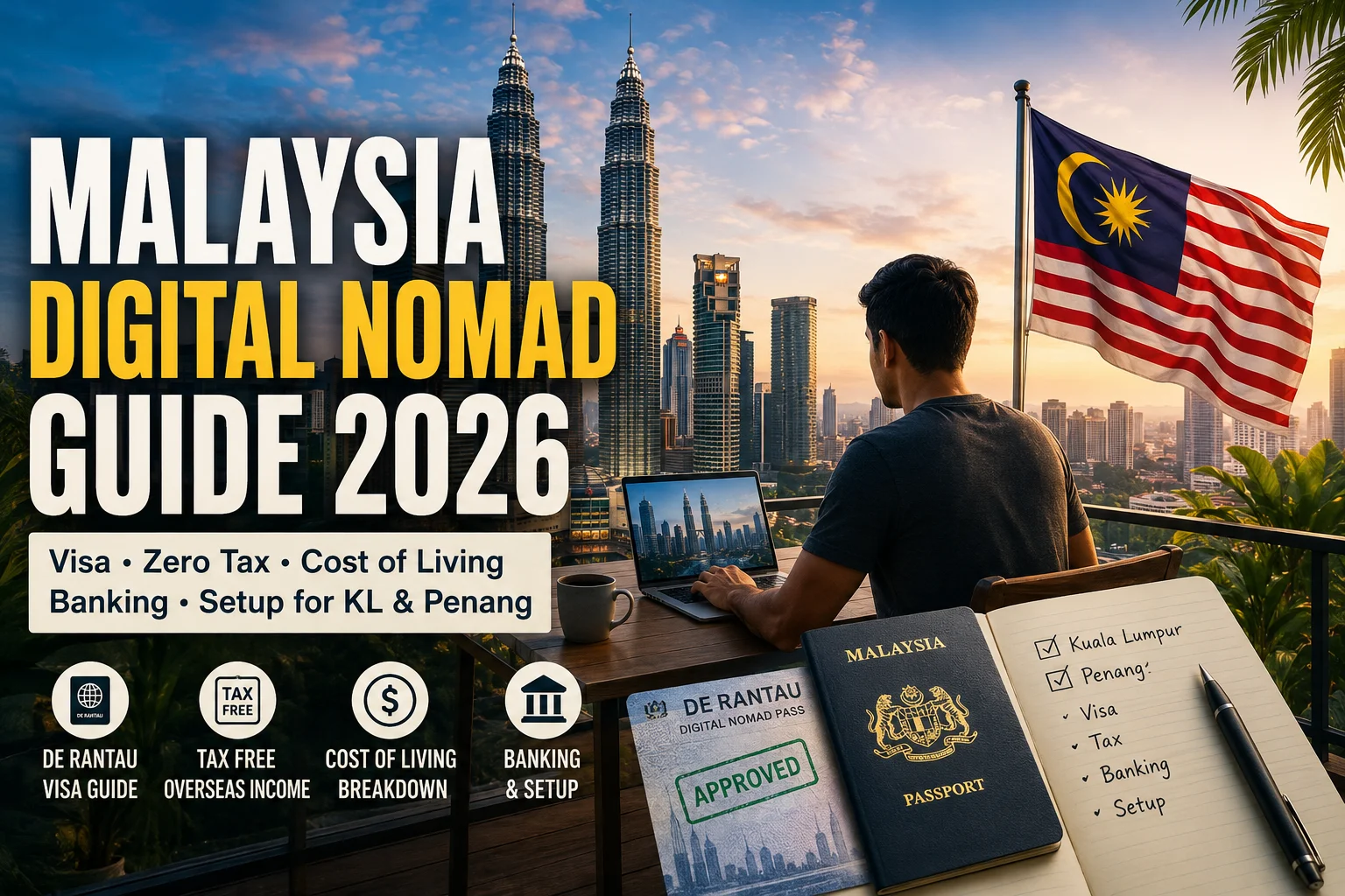 Malaysia digital nomad guide showing DE Rantau visa, Kuala Lumpur and Penang, cost of living, banking, and remote work opportunities for 2026.