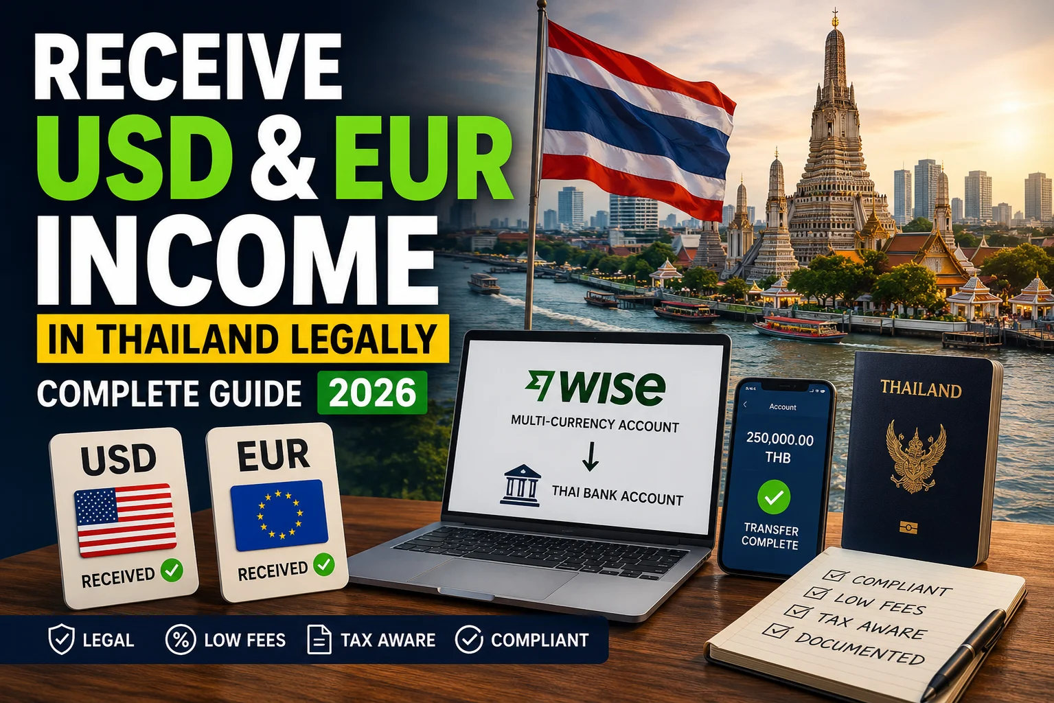 Illustration explaining receiving USD and EUR income in Thailand legally, including Wise, SWIFT, Thai banks, Bank of Thailand regulations, and tax considerations for digital nomads in 2026.