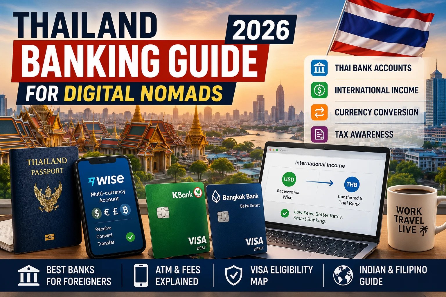 Thailand banking digital nomads guide showing Wise transfers, Thai bank account setup, PromptPay, and international banking workflow in 2026.