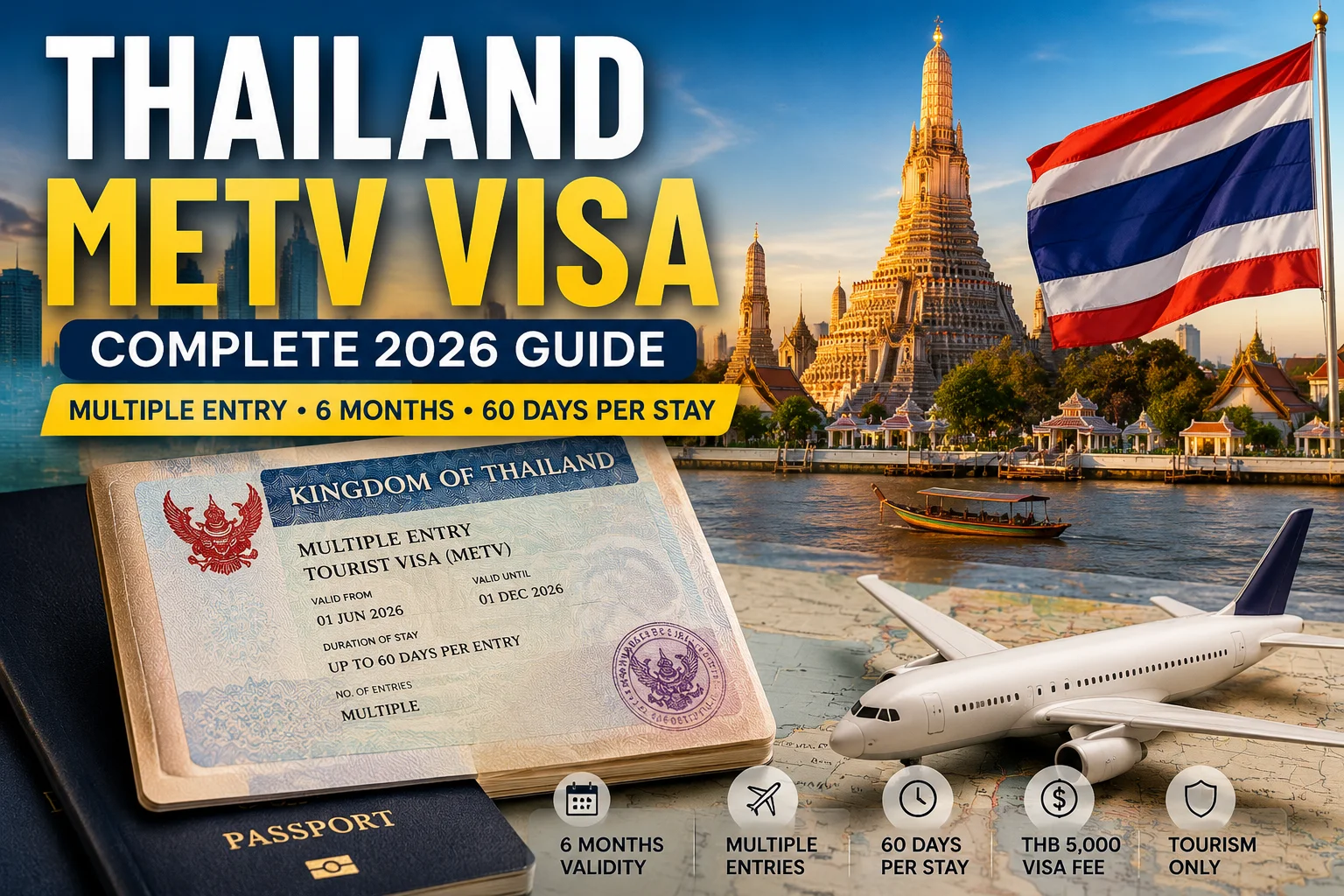 Thailand METV multiple entry tourist visa Guide showing the 6-month visa validity, multiple entries, 60-day stay per entry, eligibility, fees, and application process for 2026.