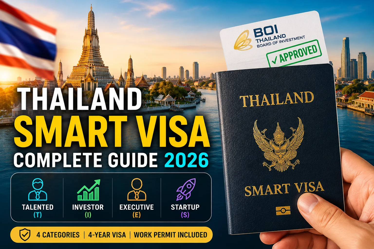 Thailand SMART Visa guide showing the four visa categories (Talented, Investor, Executive, and Startup), eligibility requirements, endorsement process, and key benefits for 2026 applicants.