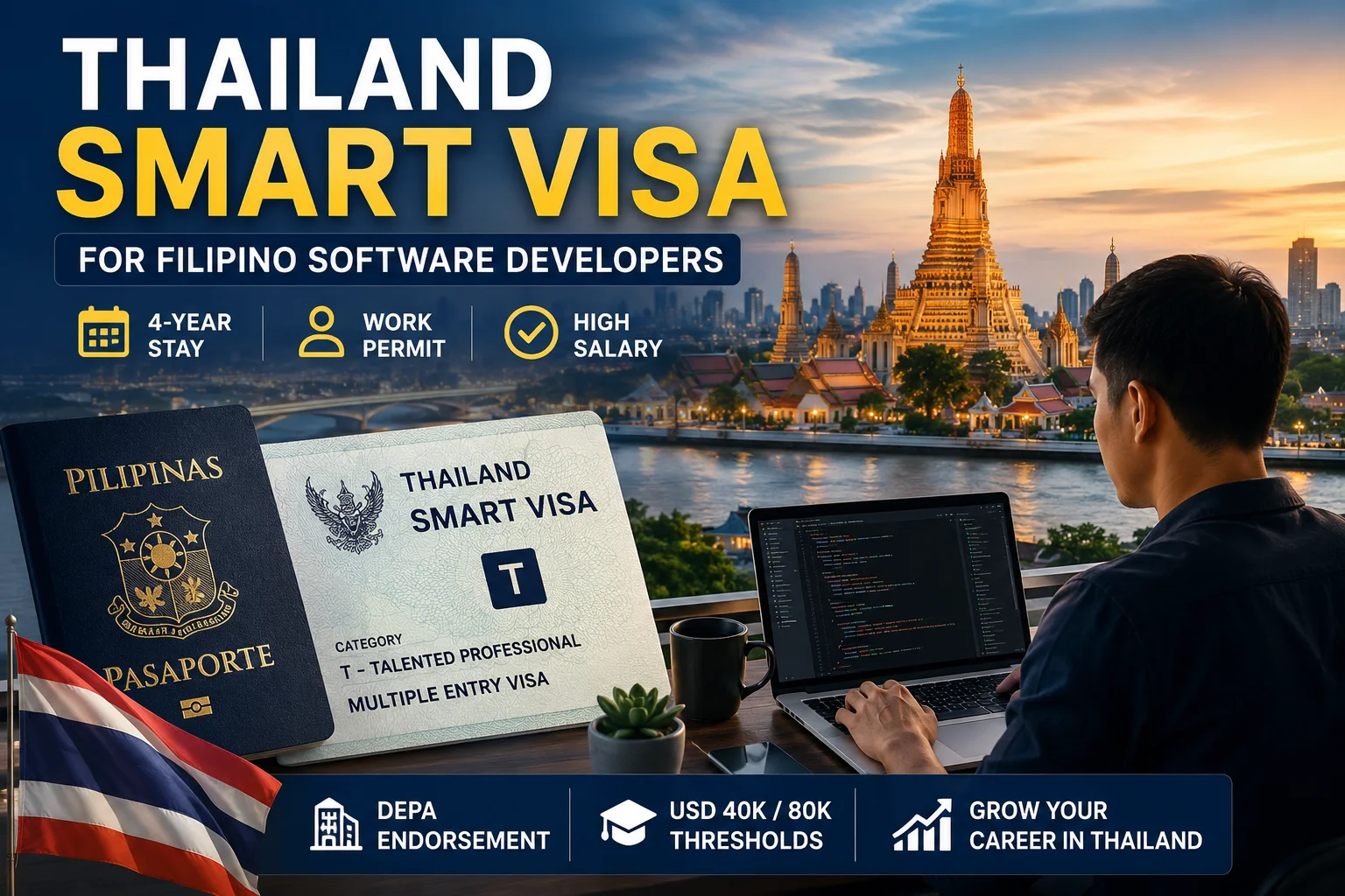 Thailand SMART Visa Filipino software developers eligibility guide showing the application process, depa endorsement, salary requirements, and work authorization in Thailand.
