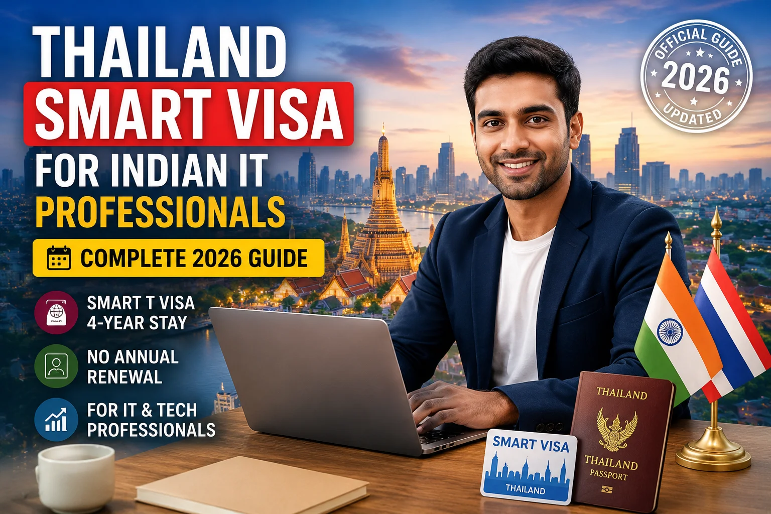 Thailand SMART Visa Indian IT Professionals eligibility guide showing an Indian software engineer working in Thailand with SMART Visa application requirements for 2026.