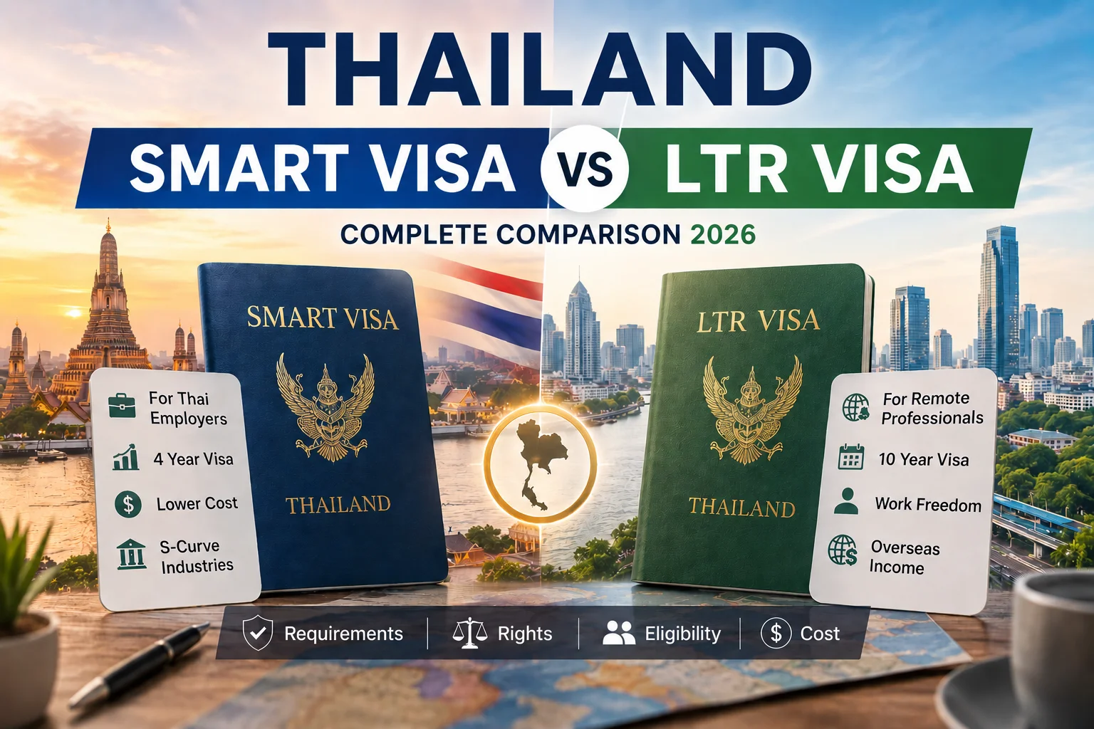 Thailand SMART Visa vs LTR Visa comparison highlighting eligibility, work rights, visa duration, application process, costs, and the best option for professionals in 2026.