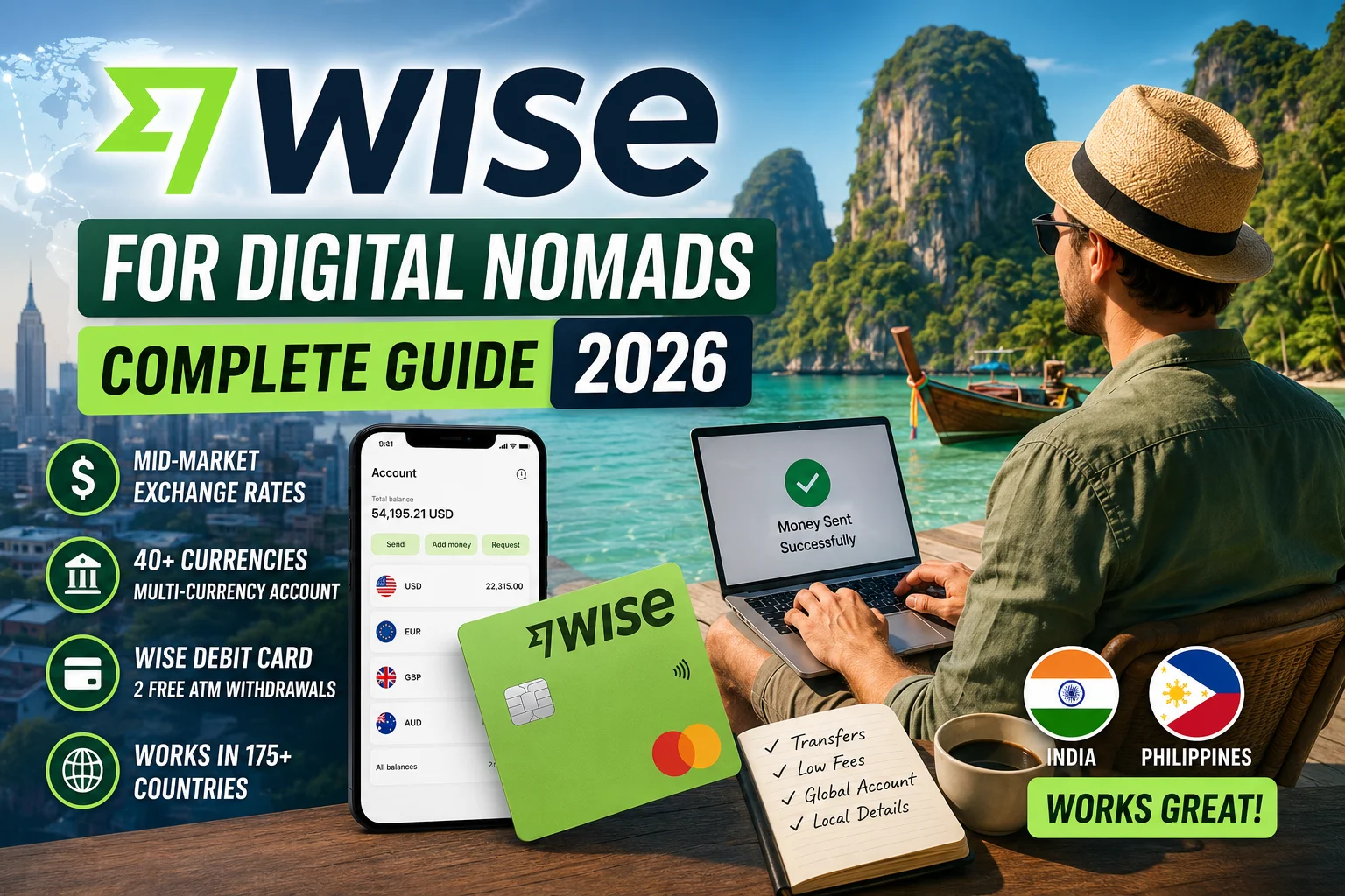 Wise for Digital Nomads: Complete 2026 review showing the Wise multi-currency account, international transfers, debit card, fees, and account setup.
