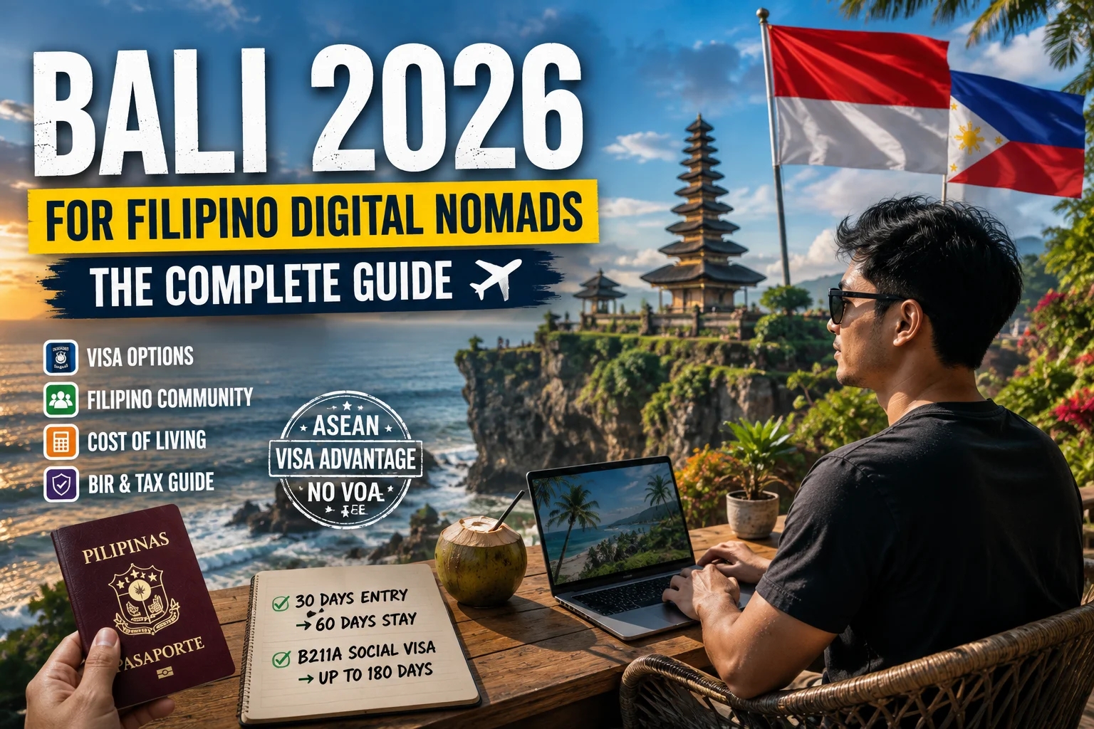 Bali for Filipino digital nomads showing a remote worker in Bali with a laptop, tropical scenery, and 2026 visa and cost context