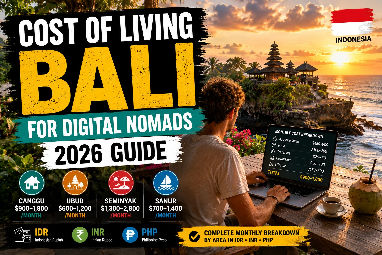 cost of living Bali digital nomads 2026 monthly budget guide comparing accommodation, food, transport and everyday expenses