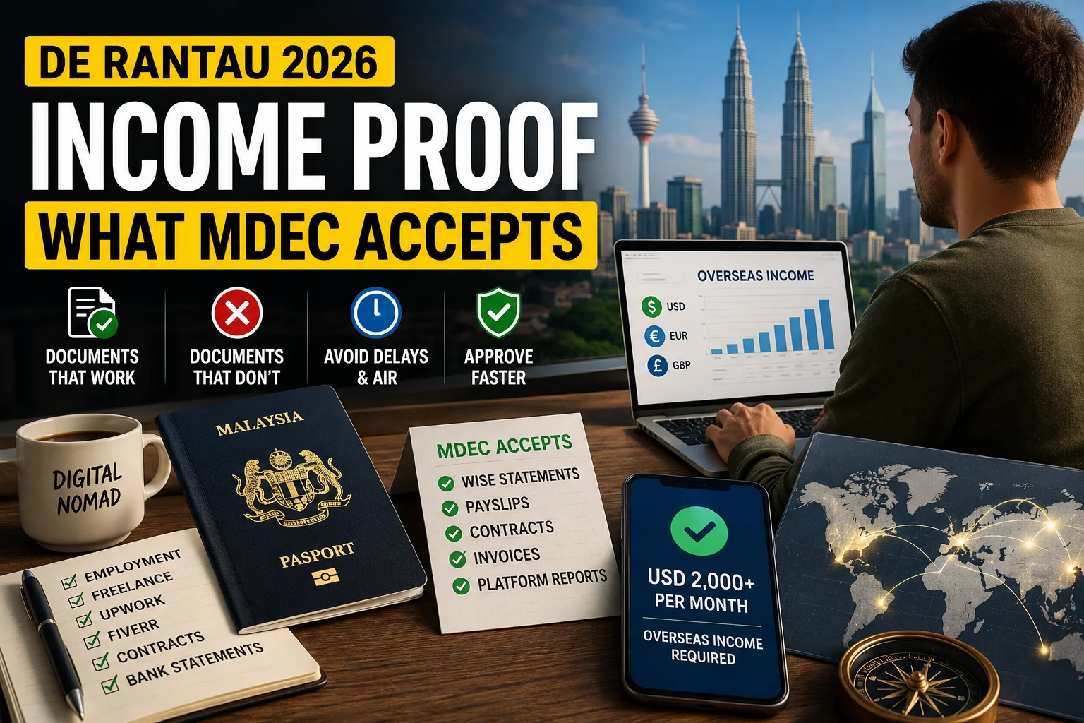 Illustration explaining DE Rantau income proof requirements, showing the types of income documents MDEC accepts for the 2026 application process.