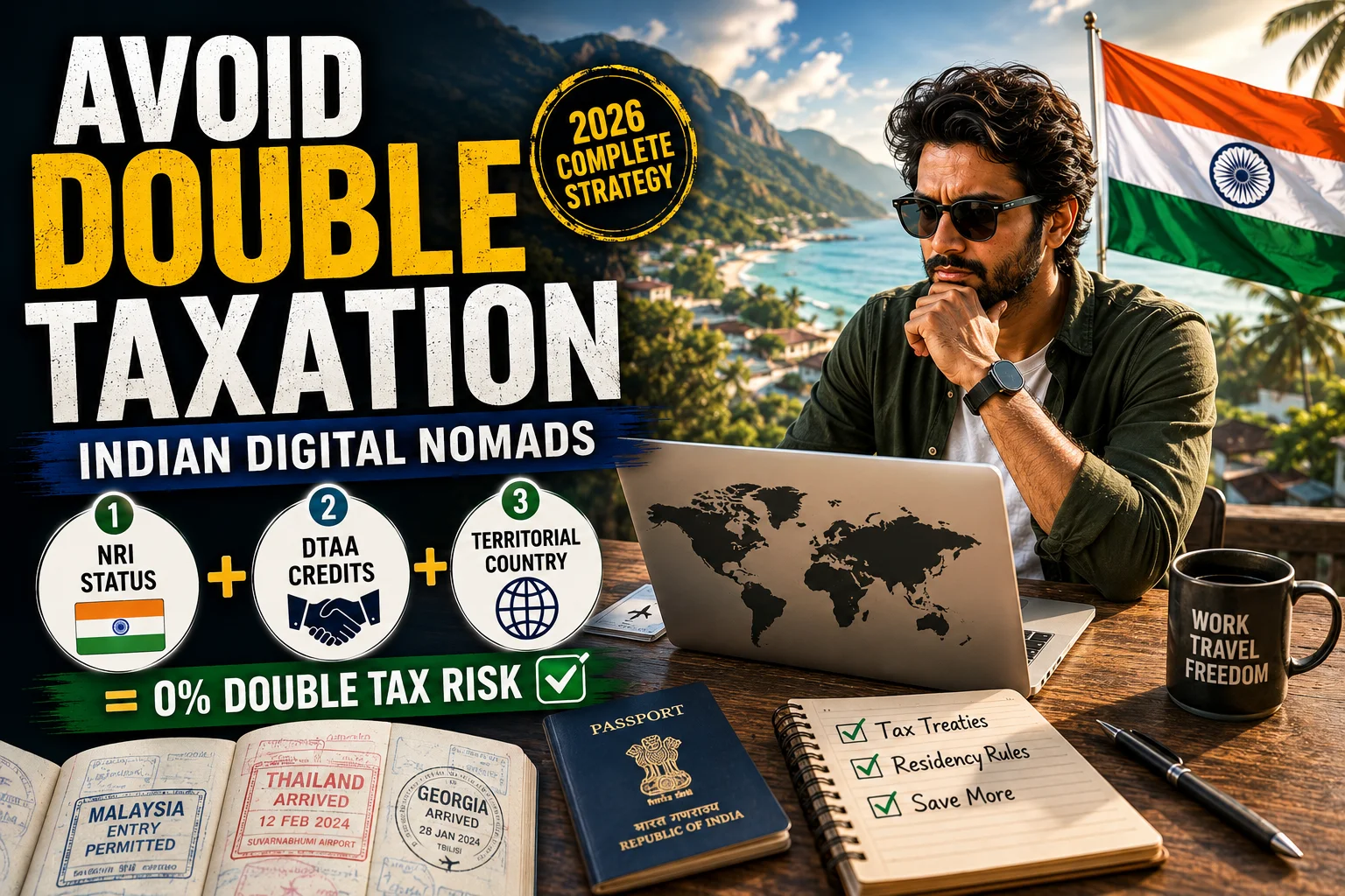 2026 tax planning guide showing how Indian digital nomads avoid double taxation through residency rules, DTAA relief and foreign tax credits.