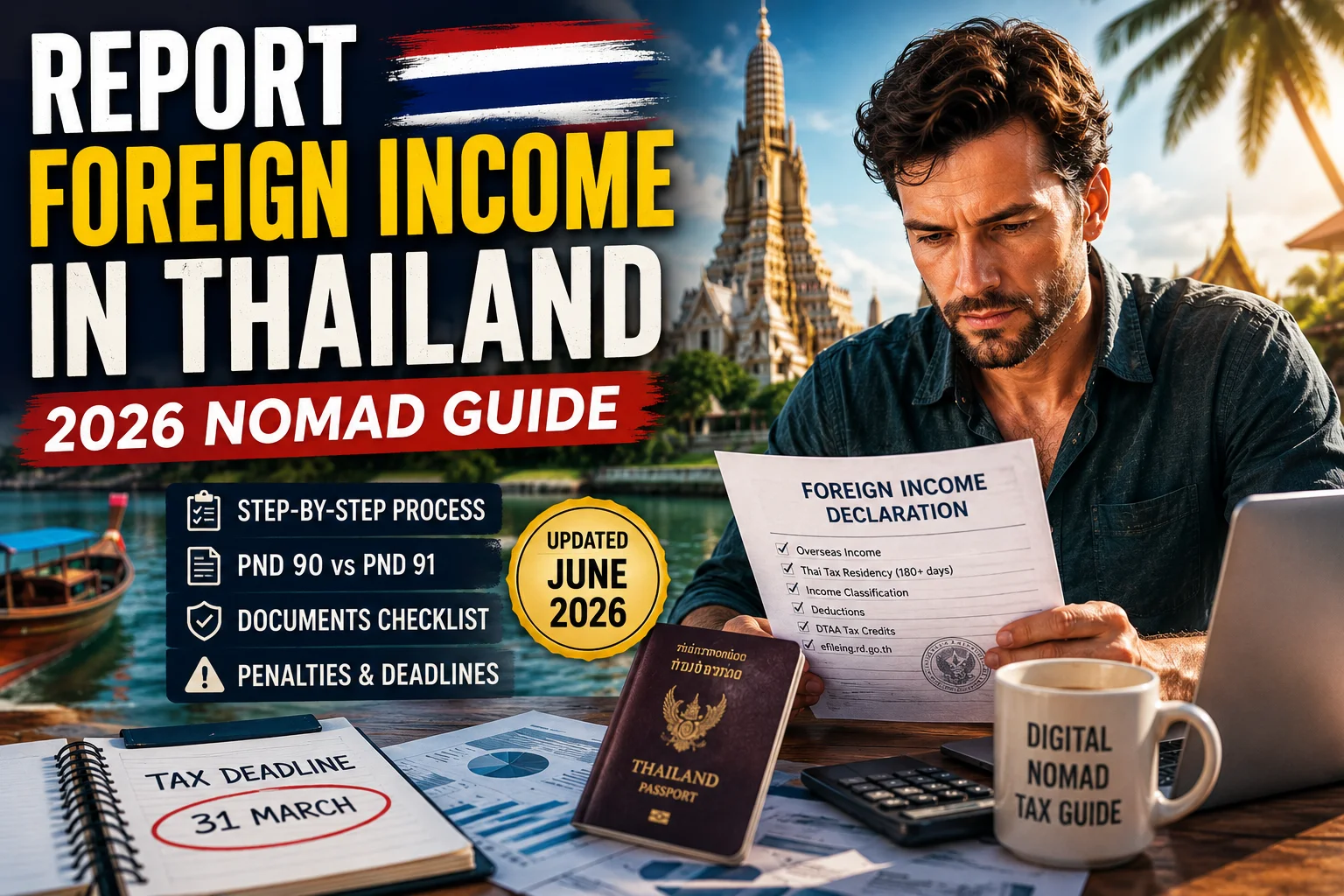 how to report foreign income Thailand digital nomads guide showing Thailand tax filing, foreign income, PND 90 and PND 91 for 2026