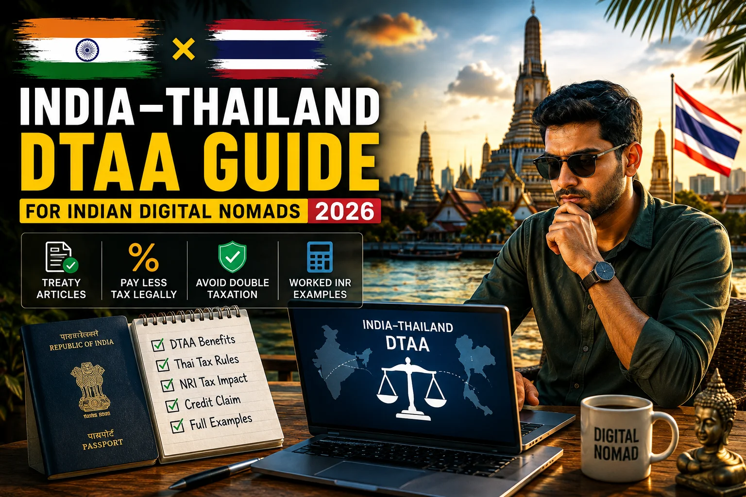 India-Thailand DTAA digital nomads guide explaining tax treaty rules, Thai tax residency, NRI taxation, tax credits, and cross-border income taxation in 2026.