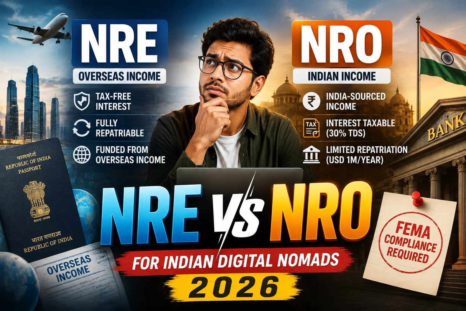 NRE vs NRO account Indian digital nomads comparison covering 2026 tax rules, FEMA requirements, transfers and banking options