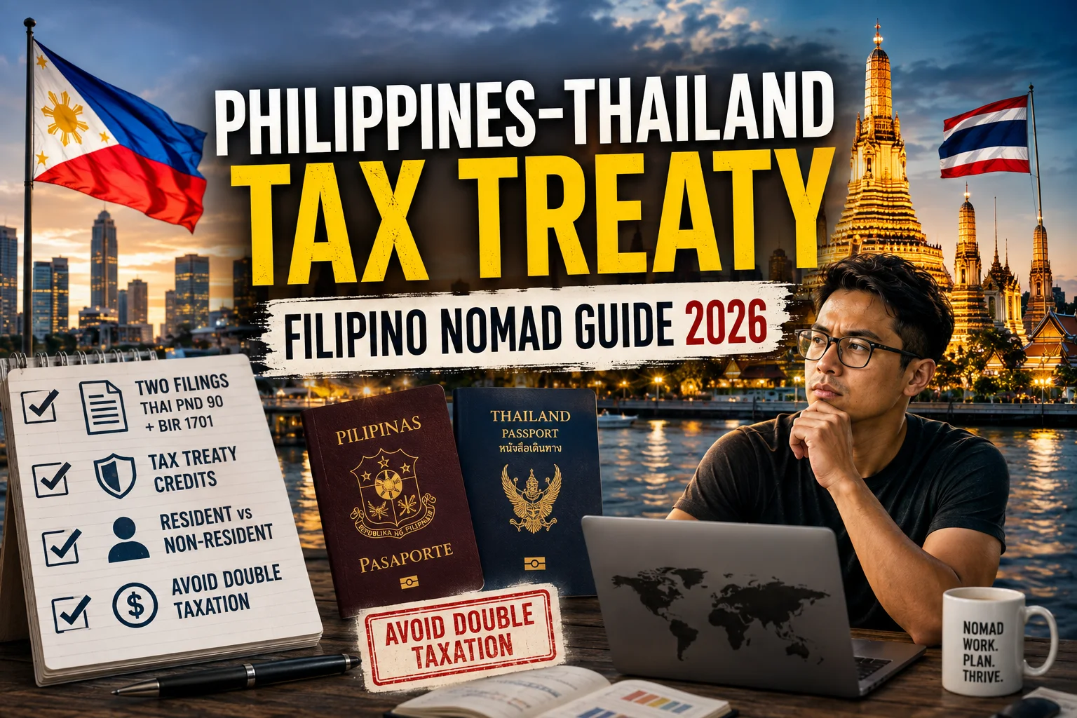 Infographic explaining Philippines Thailand tax treaty digital nomads, including tax residency, BIR filing obligations, treaty relief, tax credits, and the 2026 compliance process.