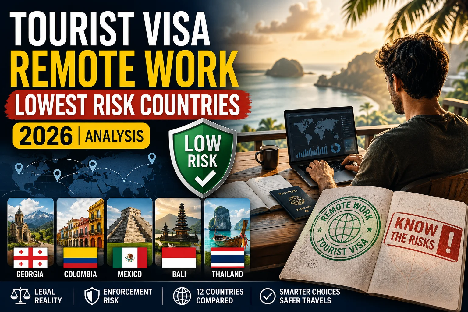 Map highlighting remote work tourist visa lowest risk countries in 2026 with a comparison of enforcement risk and legal visa alternatives.