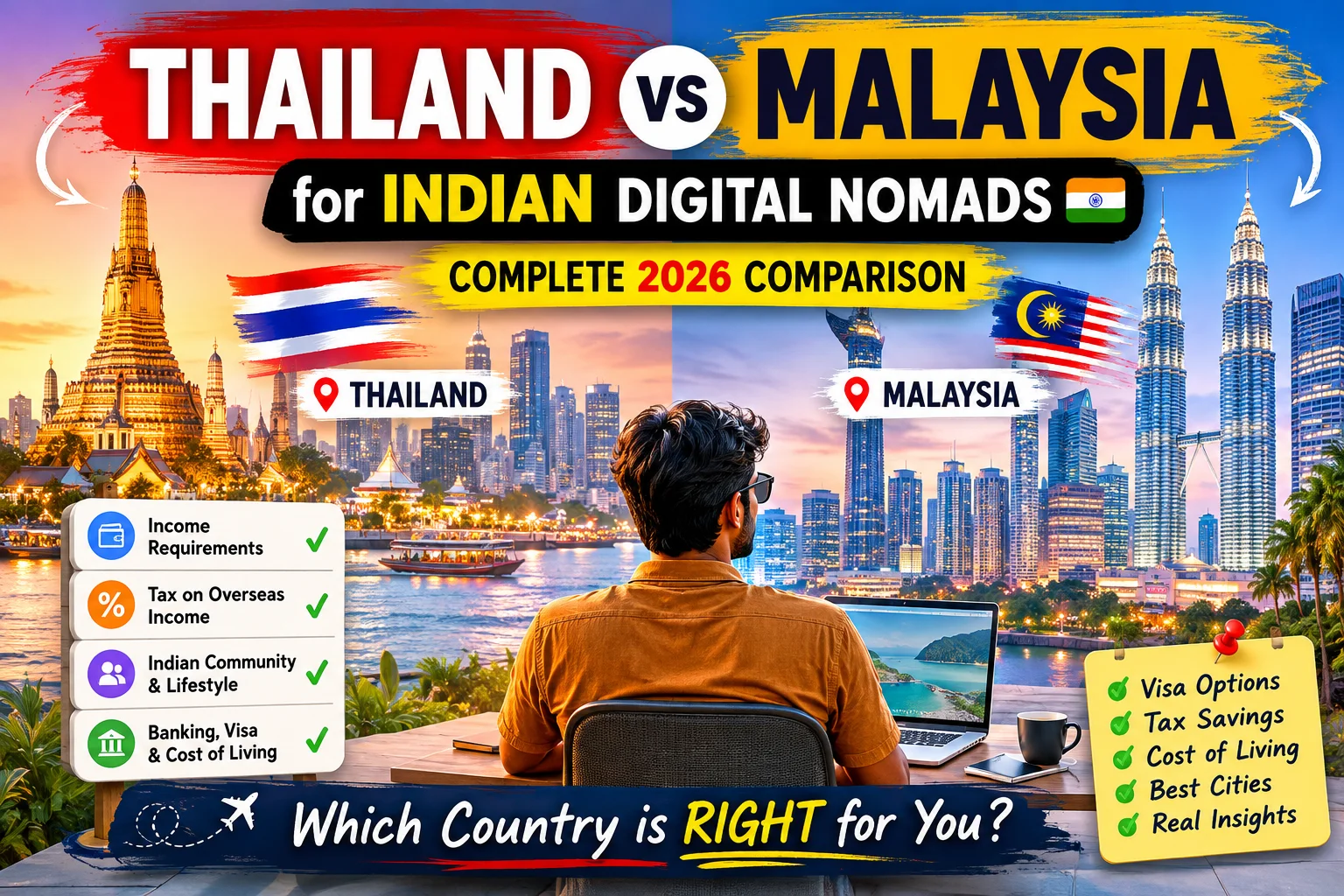 Thailand vs Malaysia Indian nomads comparison showing visa options, taxes, cost of living, banking, Indian communities, and the best destination for 2026.