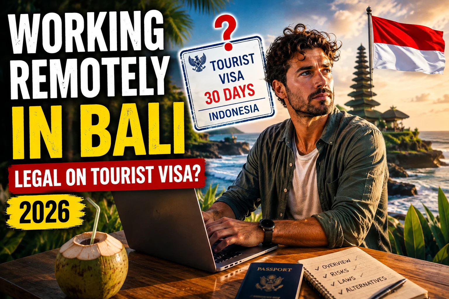 working remotely Bali tourist visa legal guide showing a remote worker in Bali under Indonesia's 2026 visa rules
